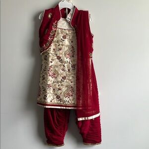 4 Piece Elegant Red and Cream Kids Punjabi Salwar Suit